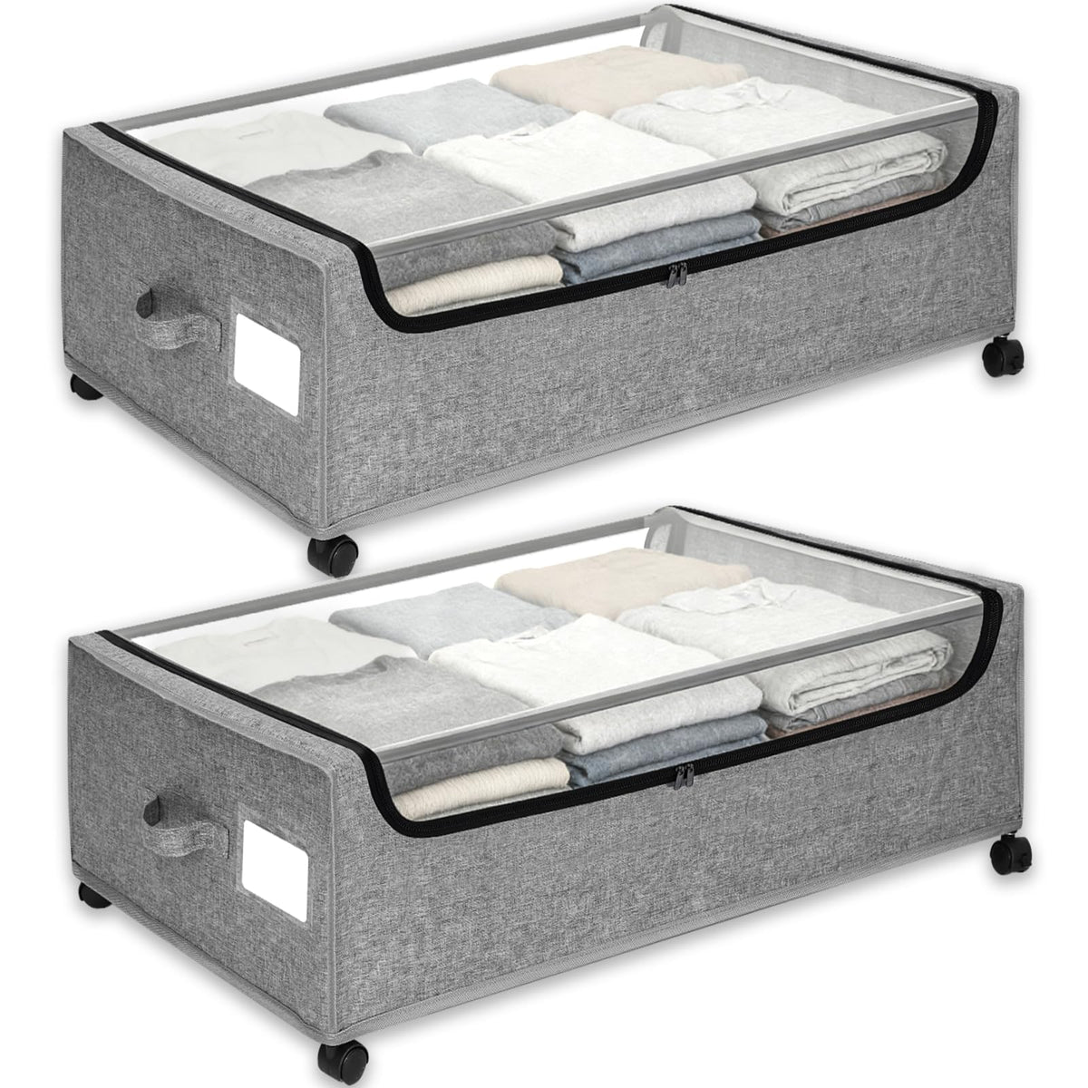 JALUNIVERSAL TRI under-bed storage with wheels and gray lid keeps clothes organized.