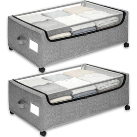 JALUNIVERSAL TRI under-bed storage with wheels and gray lid keeps clothes organized.