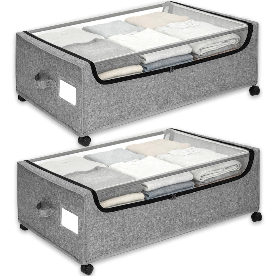 JALUNIVERSAL TRI under-bed storage with wheels and gray lid keeps clothes organized.