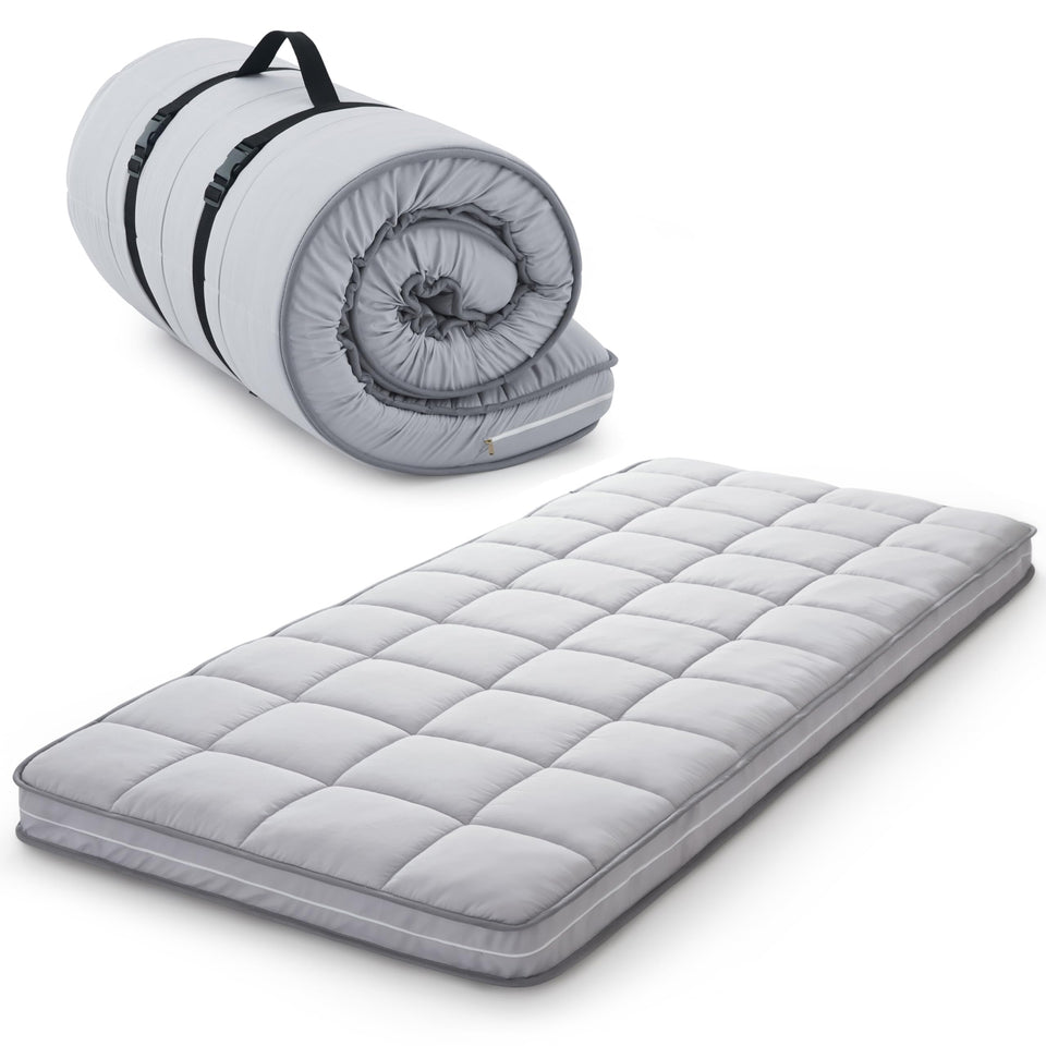 Jamdok 4-Inch Cot Topper rolled for easy storage and portability.