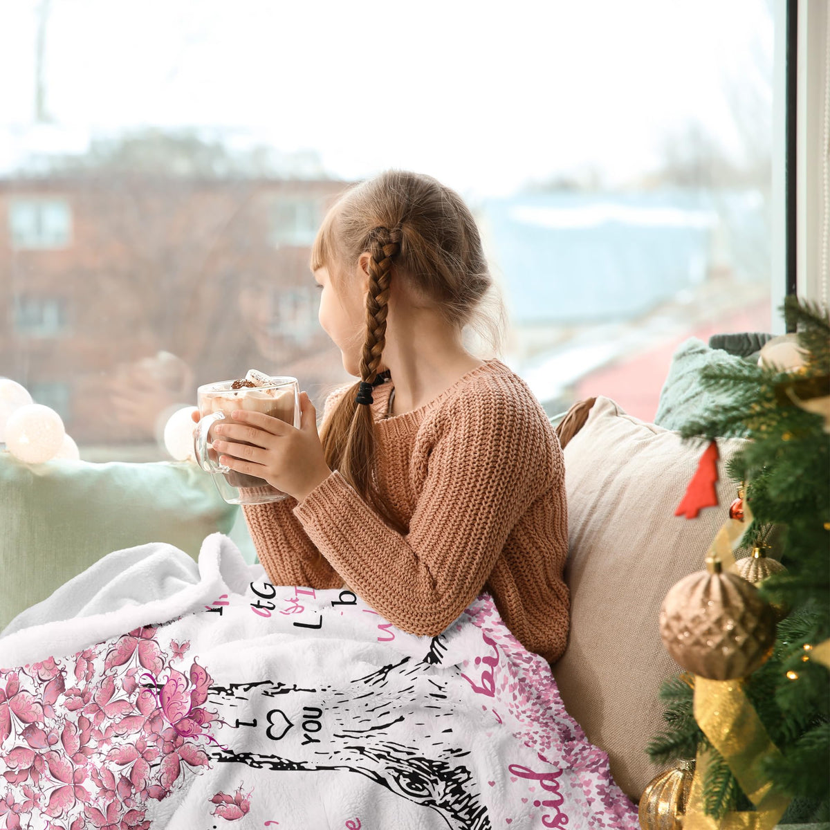 Jamfind blanket with love tree pattern brings comforting sentiment for granddaughters.
