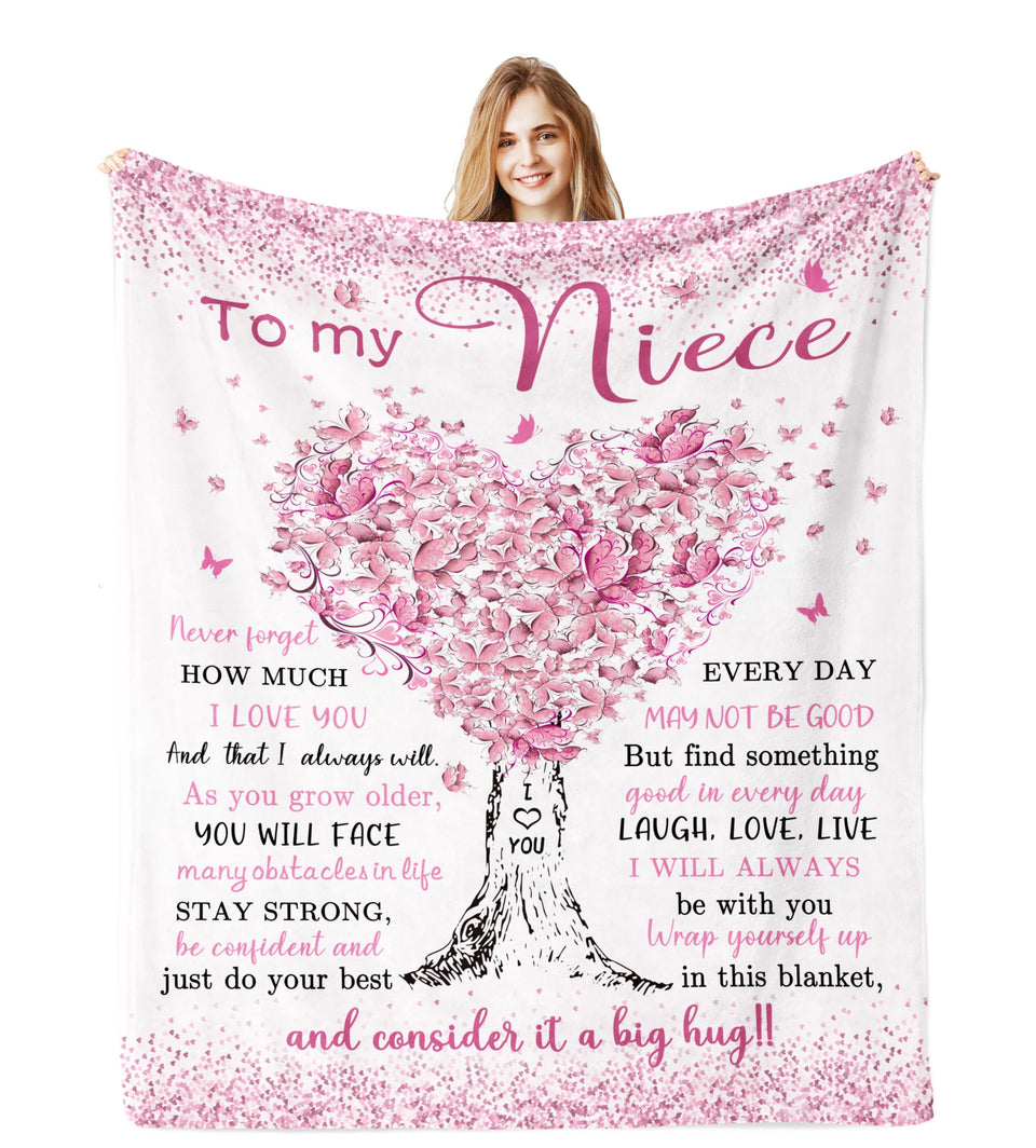 Jamfind niece gift blanket with love-tree design and pink butterflies for cozy warmth