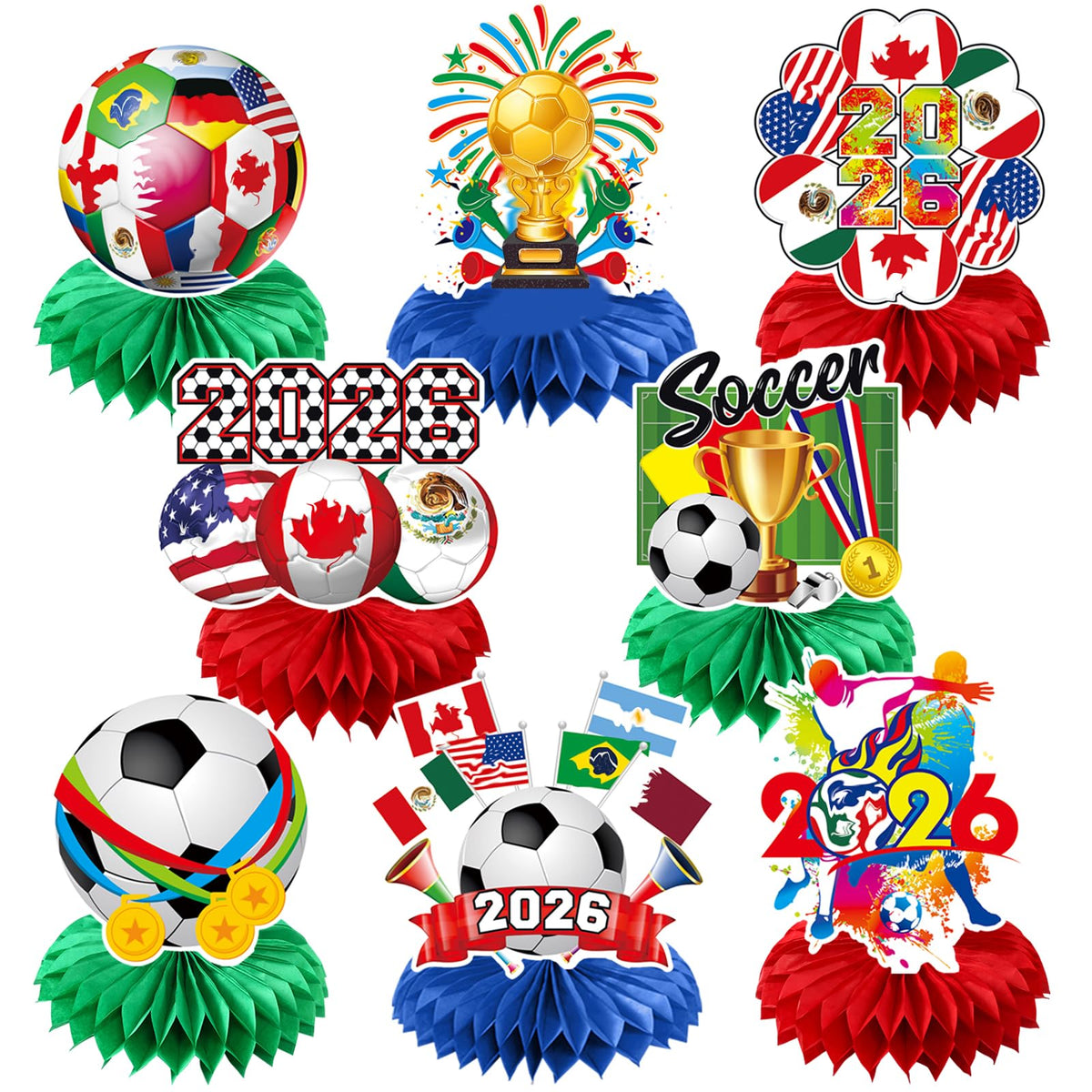 JAmpoL world soccer honeycomb centerpiece adds vibrant double-sided decor to the table.