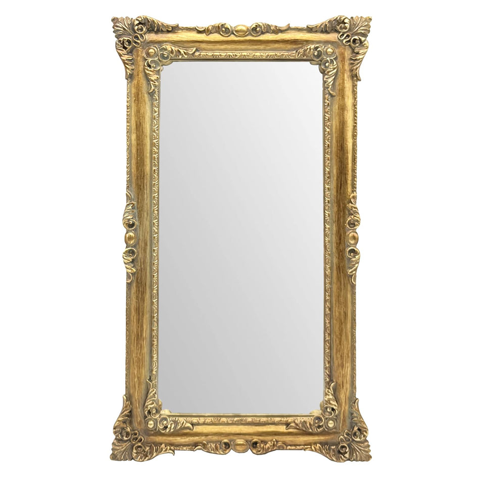 JANDERART gold vintage mirror frame close-up with ornate carvings for elegant decor.