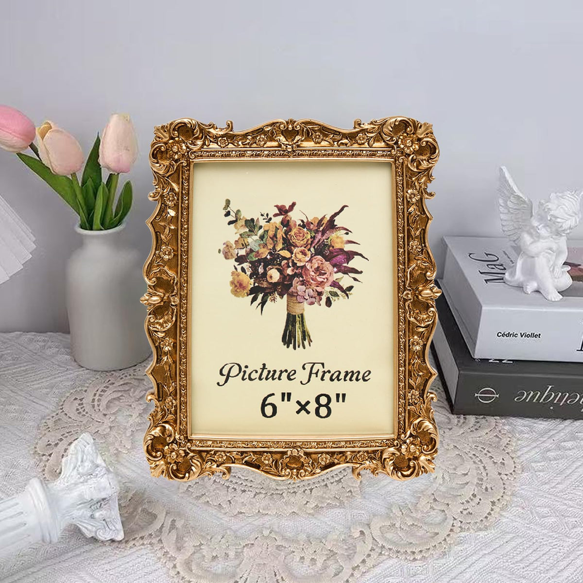 JANDERART ornate gold frame back reveals versatile display options for tabletop or wall.