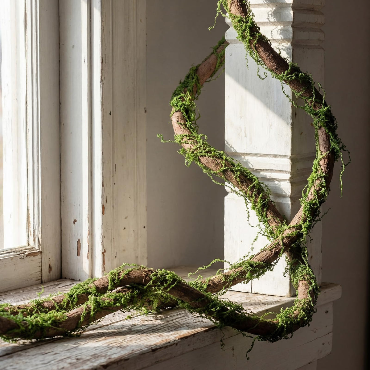 Janinka 118in bendable branches with moss create a flexible, natural backdrop for events.