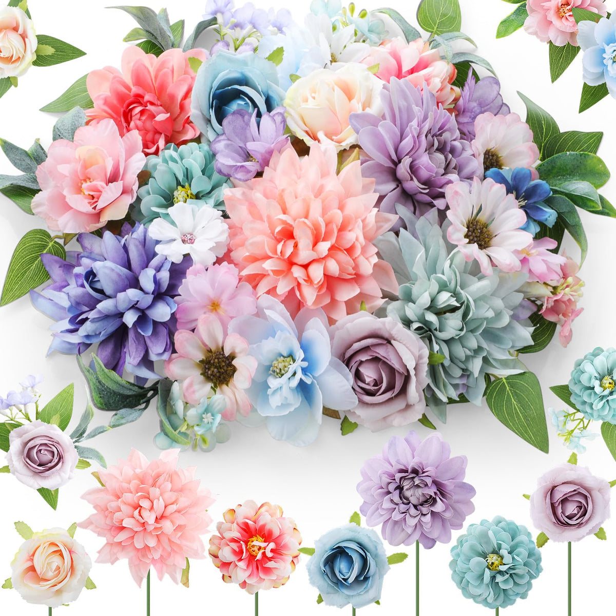 Janinka blue-pink-purple assorted fake flower heads with long stems for DIY crafts.