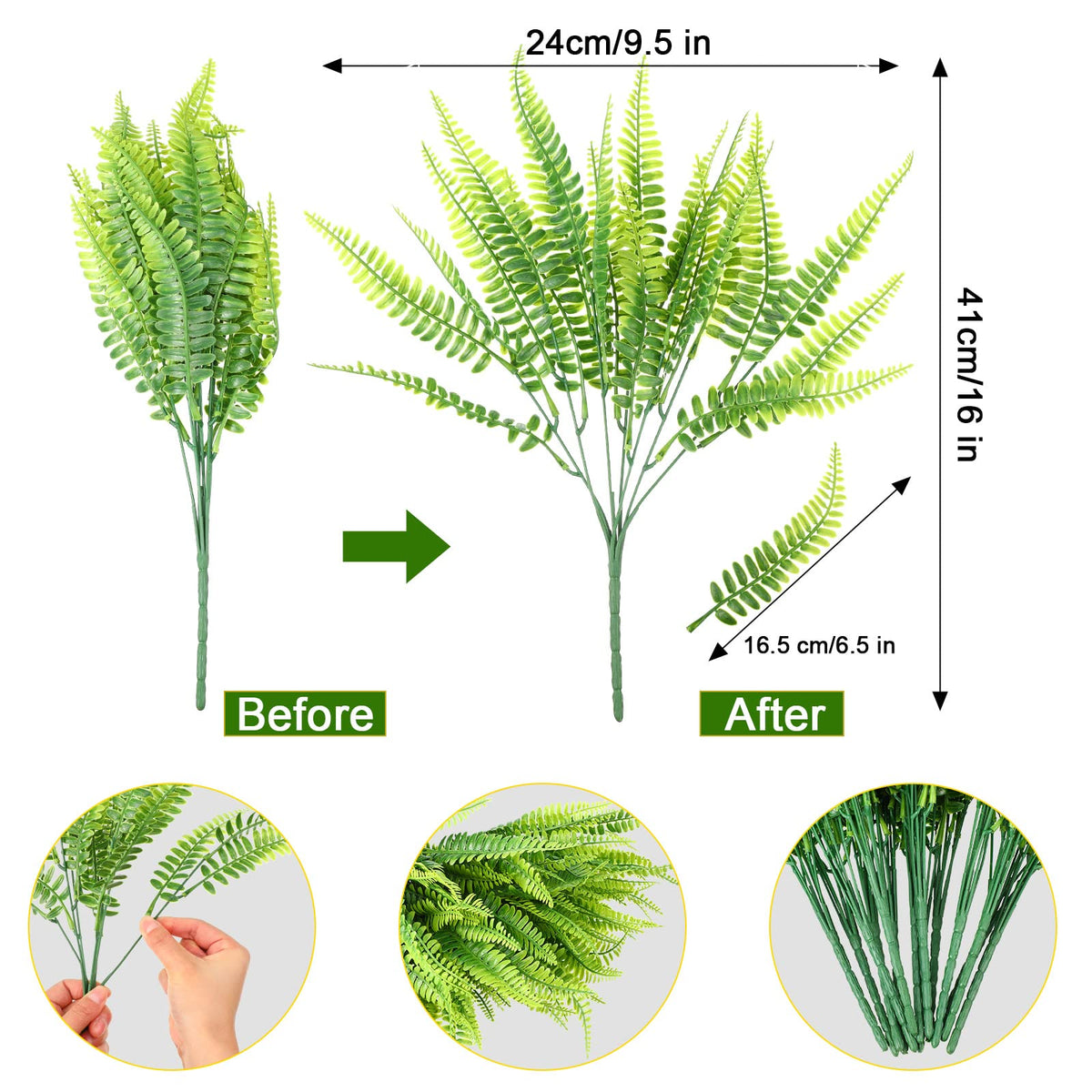 Janinka fern wind and rain resistant stem supports durable outdoor displays.