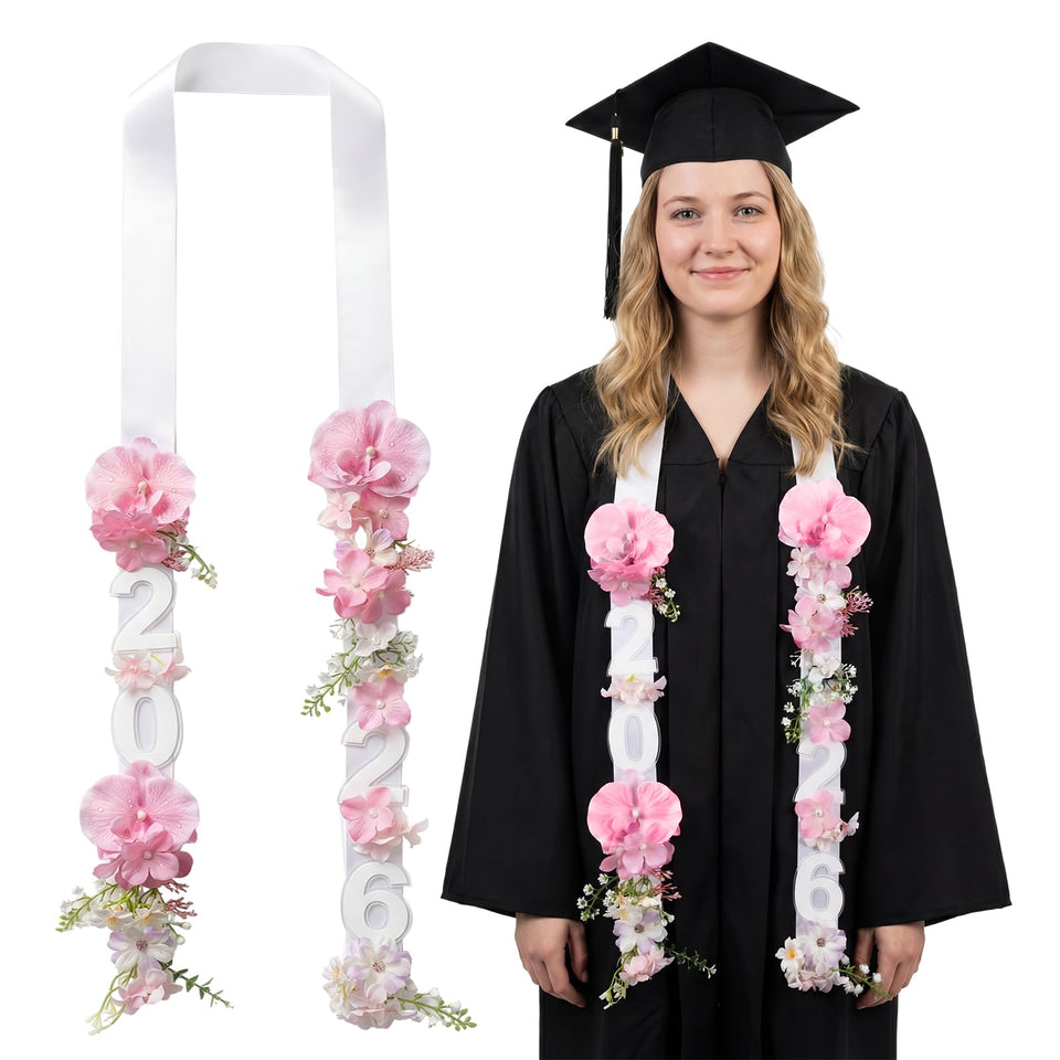 Janinka 65-inch pink Phalaenopsis graduation lei draped over shoulder for memorable photos.