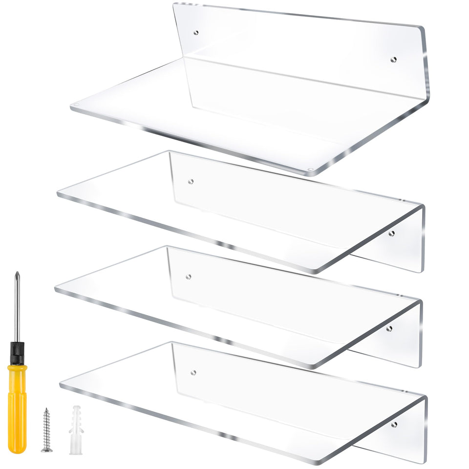 Jansburg 12-inch L-shape shelf in clear acrylic for compact wall storage and display.