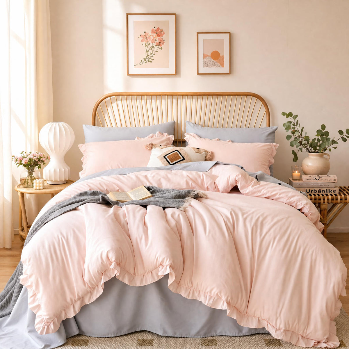 JANZAA blush pink comforter twin shows cozy softness for year-round use.