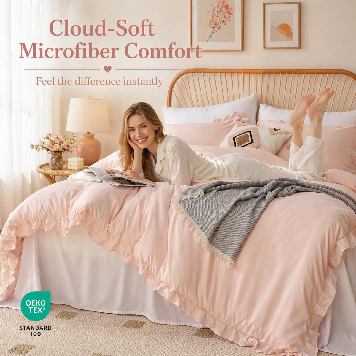 JANZAA comforter queen with ruffle detail enhances a romantic shabby chic look.