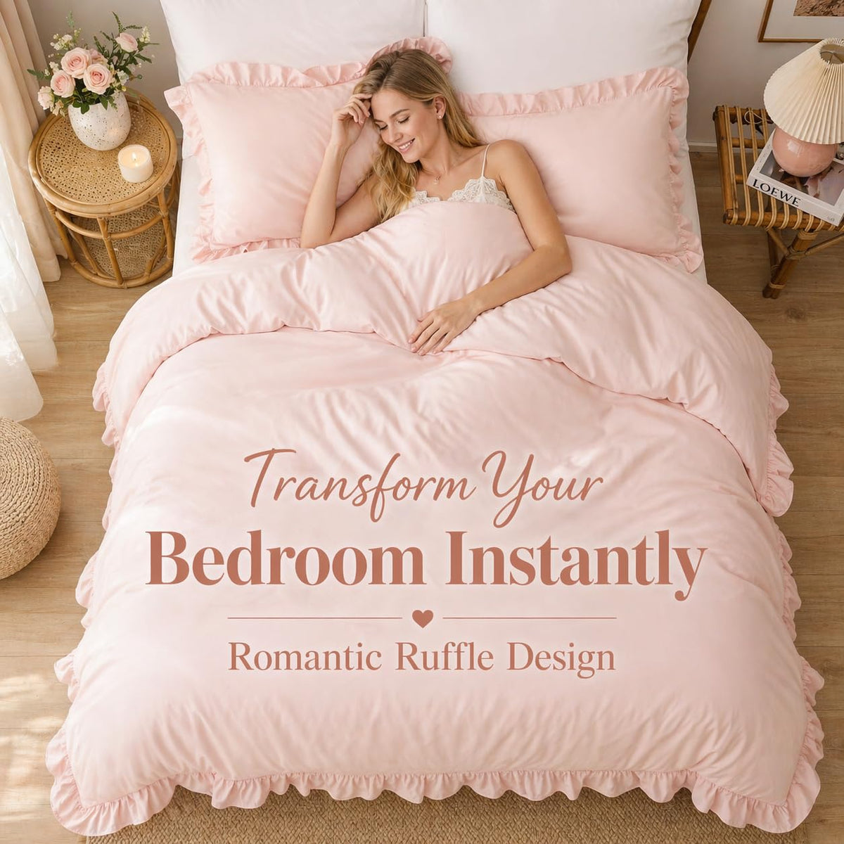 JANZAA soft texture highlights the plush surface of the blush pink comforter.