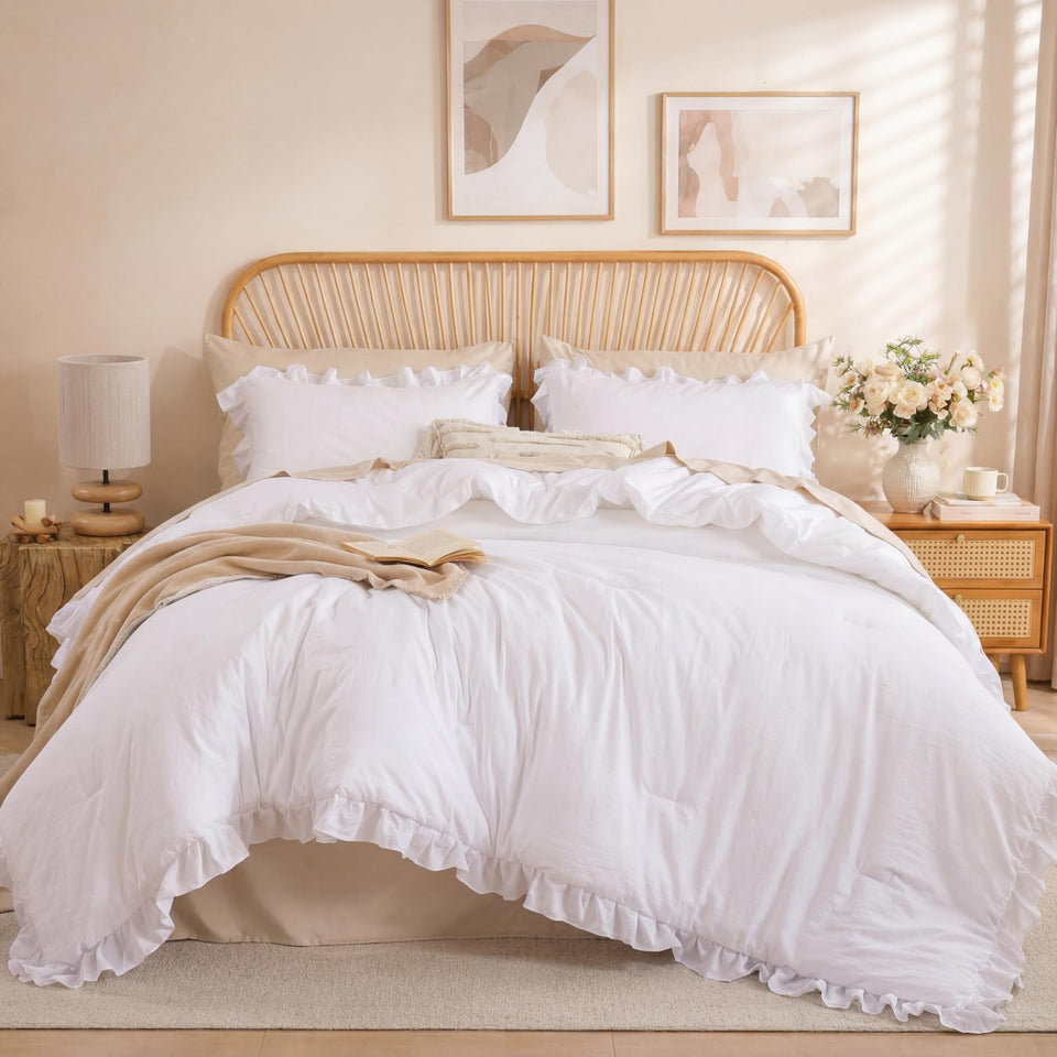 JANZAA white comforter full on bed provides soft warmth and comfort.