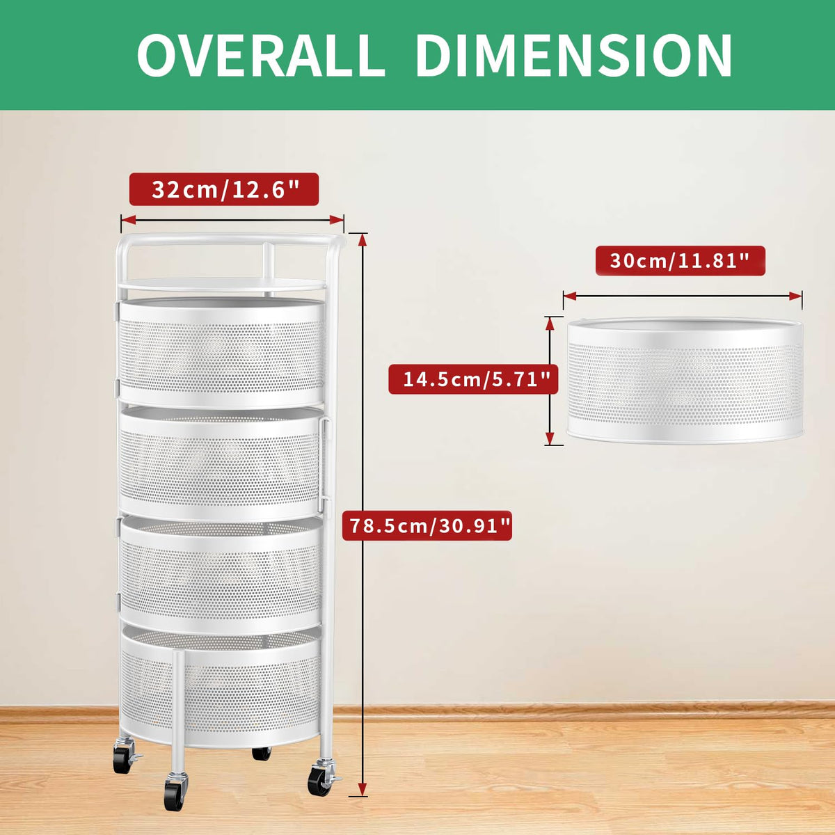 JAQ 4-tier rotating produce organizer for easy reach of onions, potatoes, and fruit