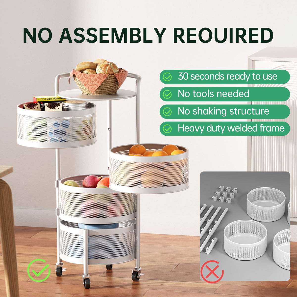 JAQ smooth-rolling wheels let you reposition the cart anywhere with ease