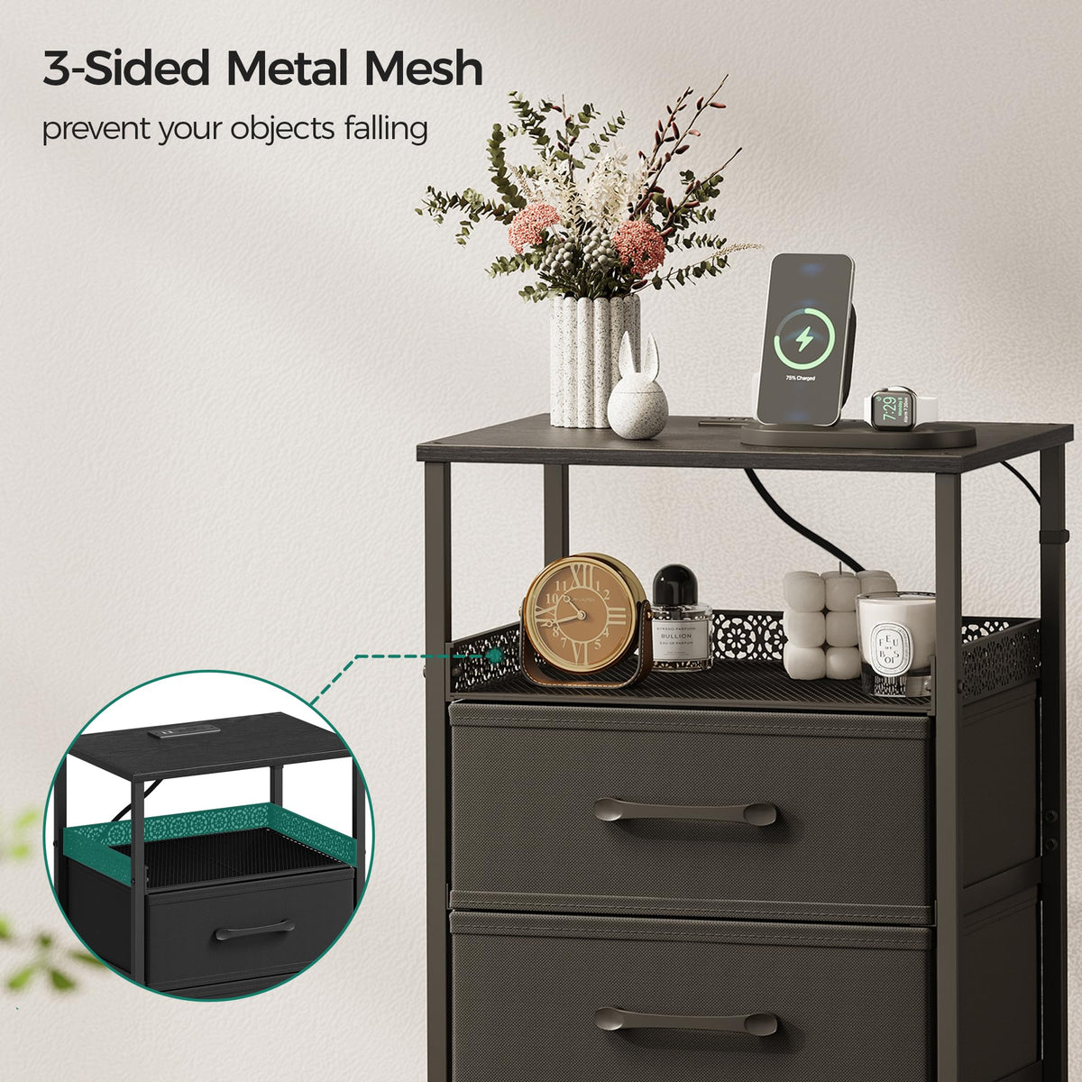 JARHETUN nightstand adjustable feet ensure balance on carpeted floors.