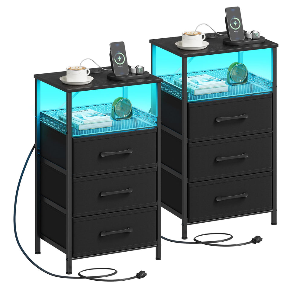JARHETUN nightstand with charging station beside the bed.