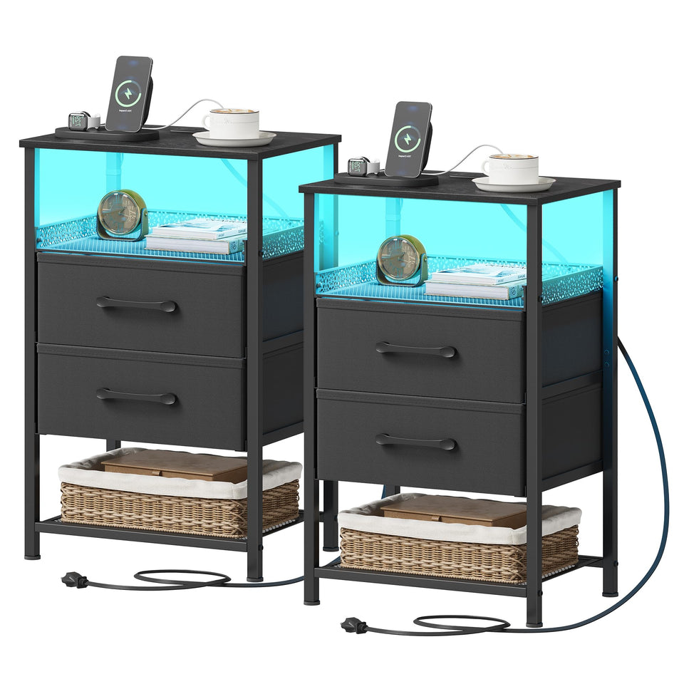 JARHETUN nightstand with charging station keeps devices powered and organized.