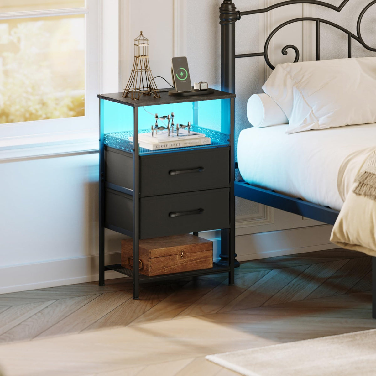 JARHETUN nightstand fabric drawers store small items neatly.