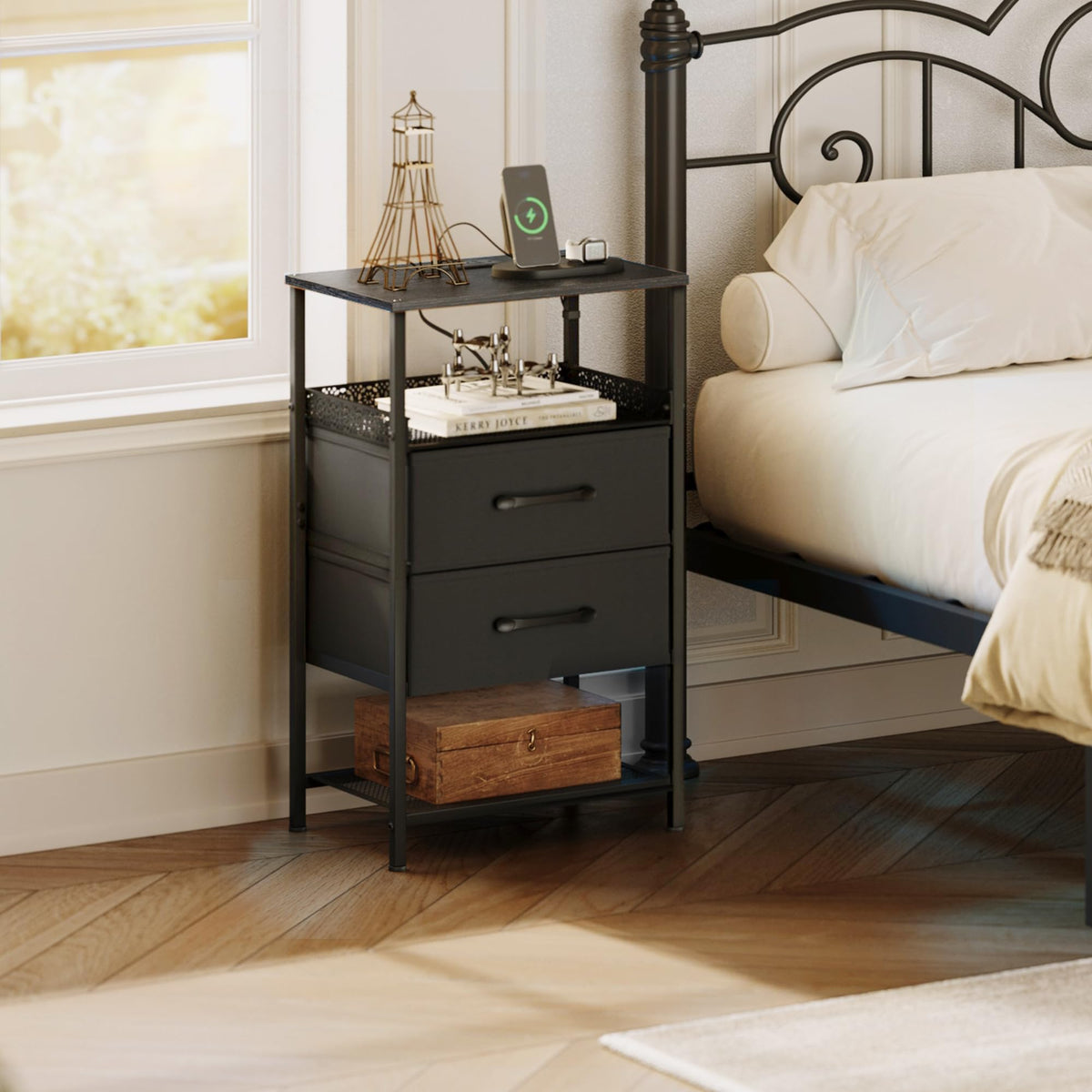 JARHETUN fabric drawers close-up showing organized bedside storage