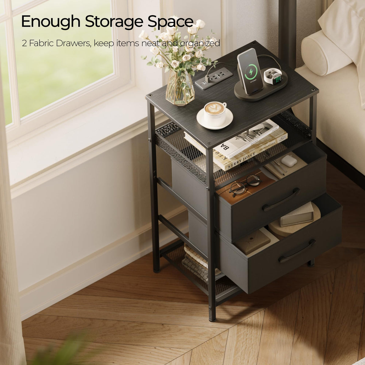 JARHETUN adjustable feet stabilize nightstands on uneven floors