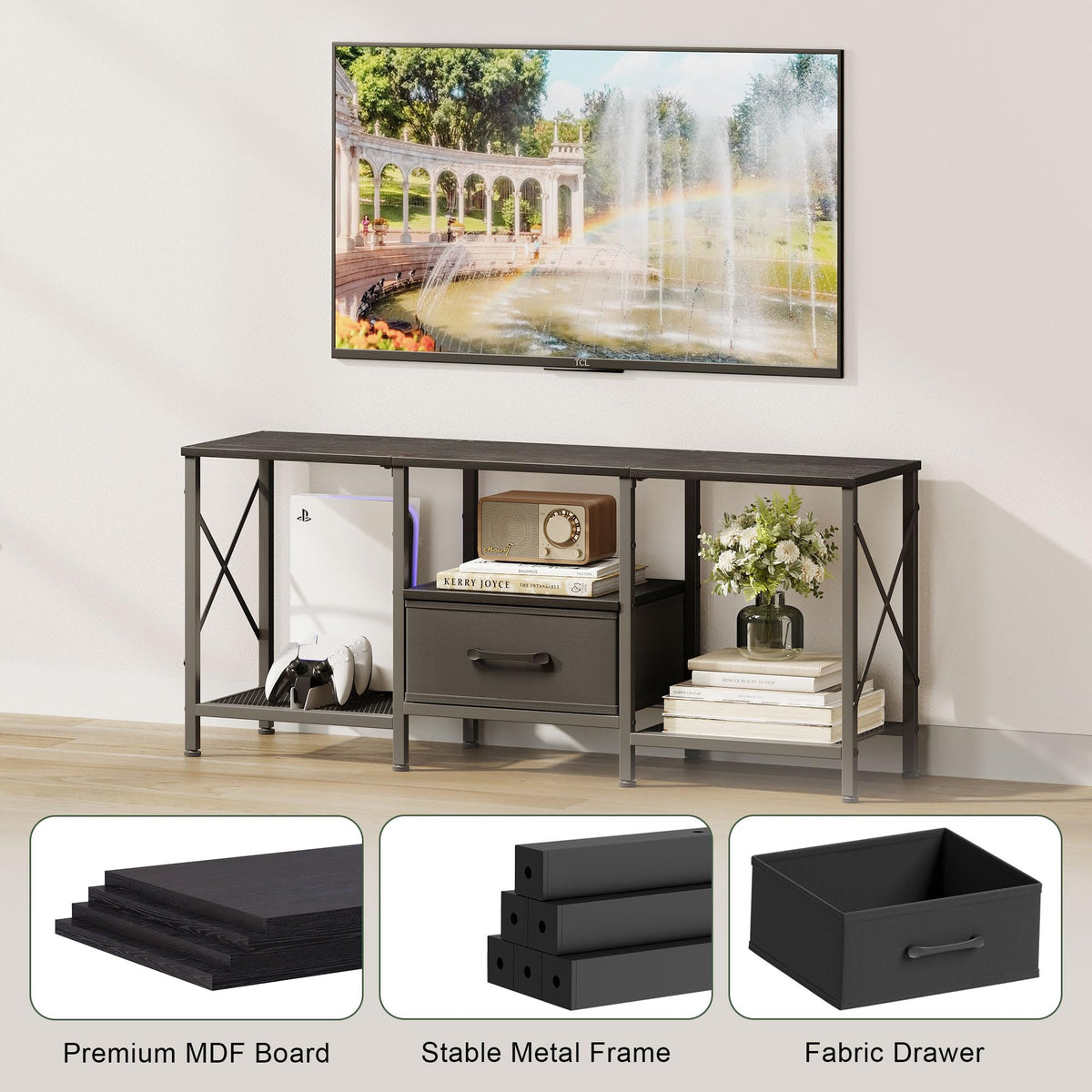 JARHETUN TV Stand – open shelves ideal for consoles and streaming devices