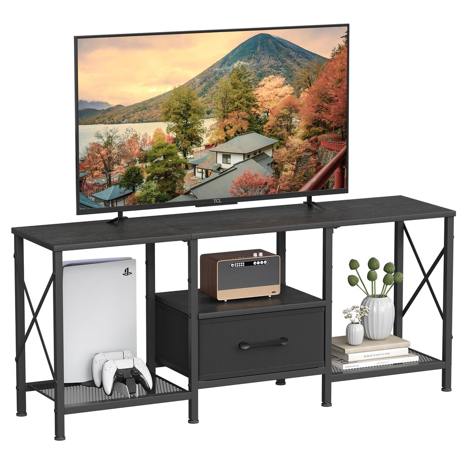 JARHETUN TV Stand with Fabric Drawer open shelves for organized media