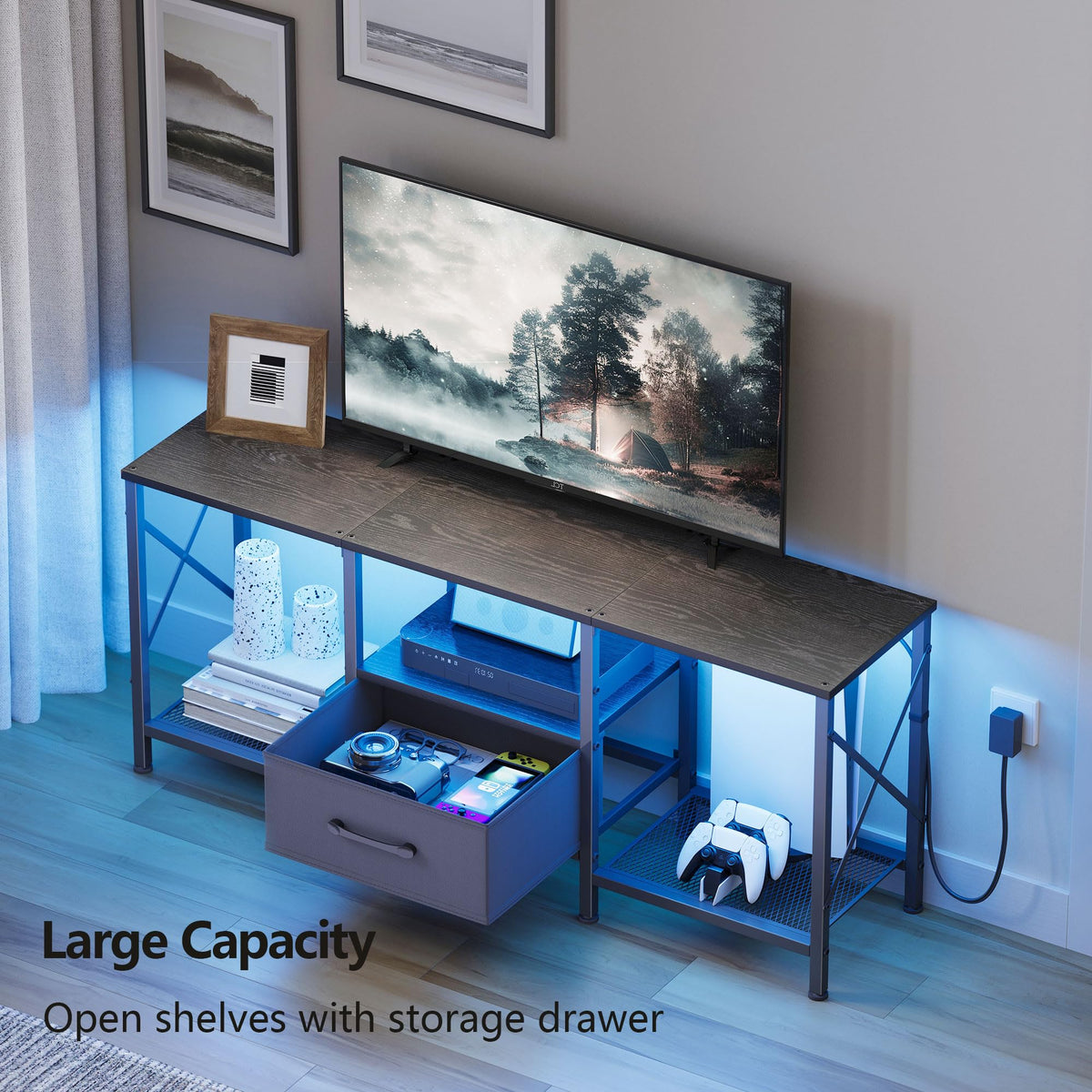 JARHETUN TV Stand fabric drawer conceals remotes and cables neatly.
