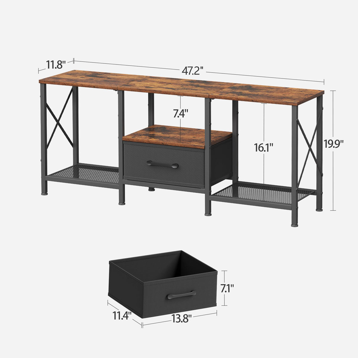 JARHETUN TV Stand fabric drawer hides remotes and small accessories.