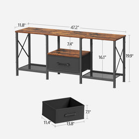 JARHETUN TV Stand fabric drawer hides remotes and small accessories.