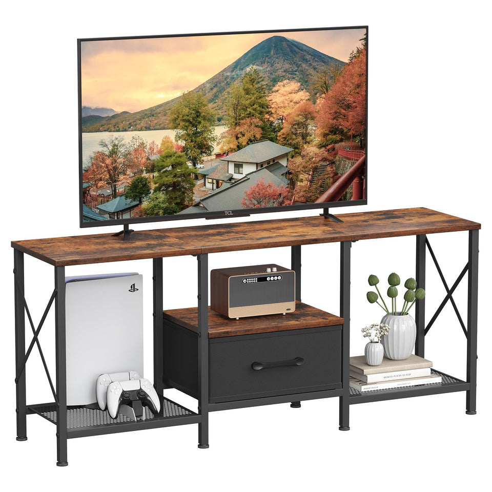JARHETUN TV Stand with industrial open shelves keeps media organized.