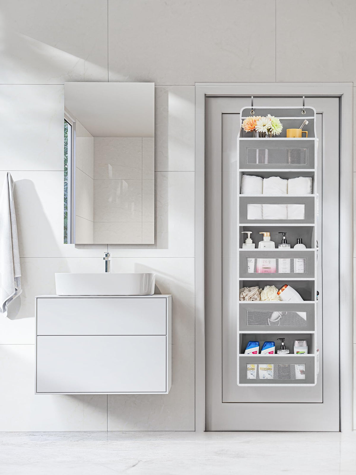JARLINK door organizer shows clear mesh pockets for quick item finding.