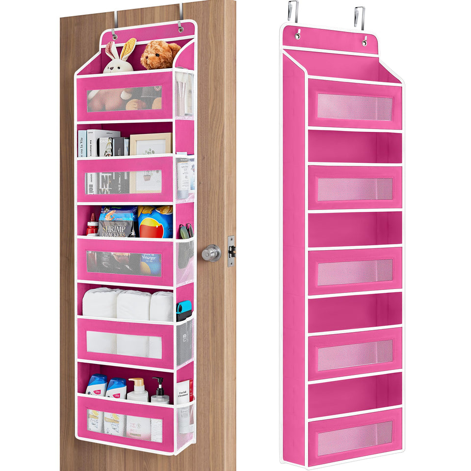 JARLINK over-the-door organizer with rose pink finish and five shelves for clutter-free storage