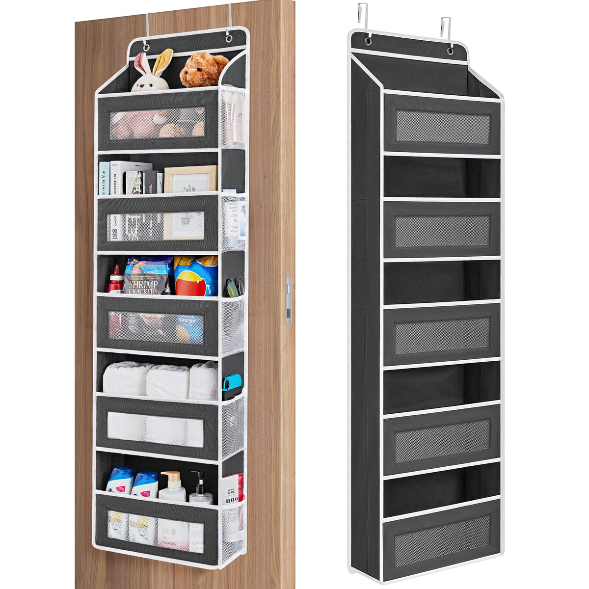 Jarlink over-the-door organizer front view with five large pockets for effortless toy storage