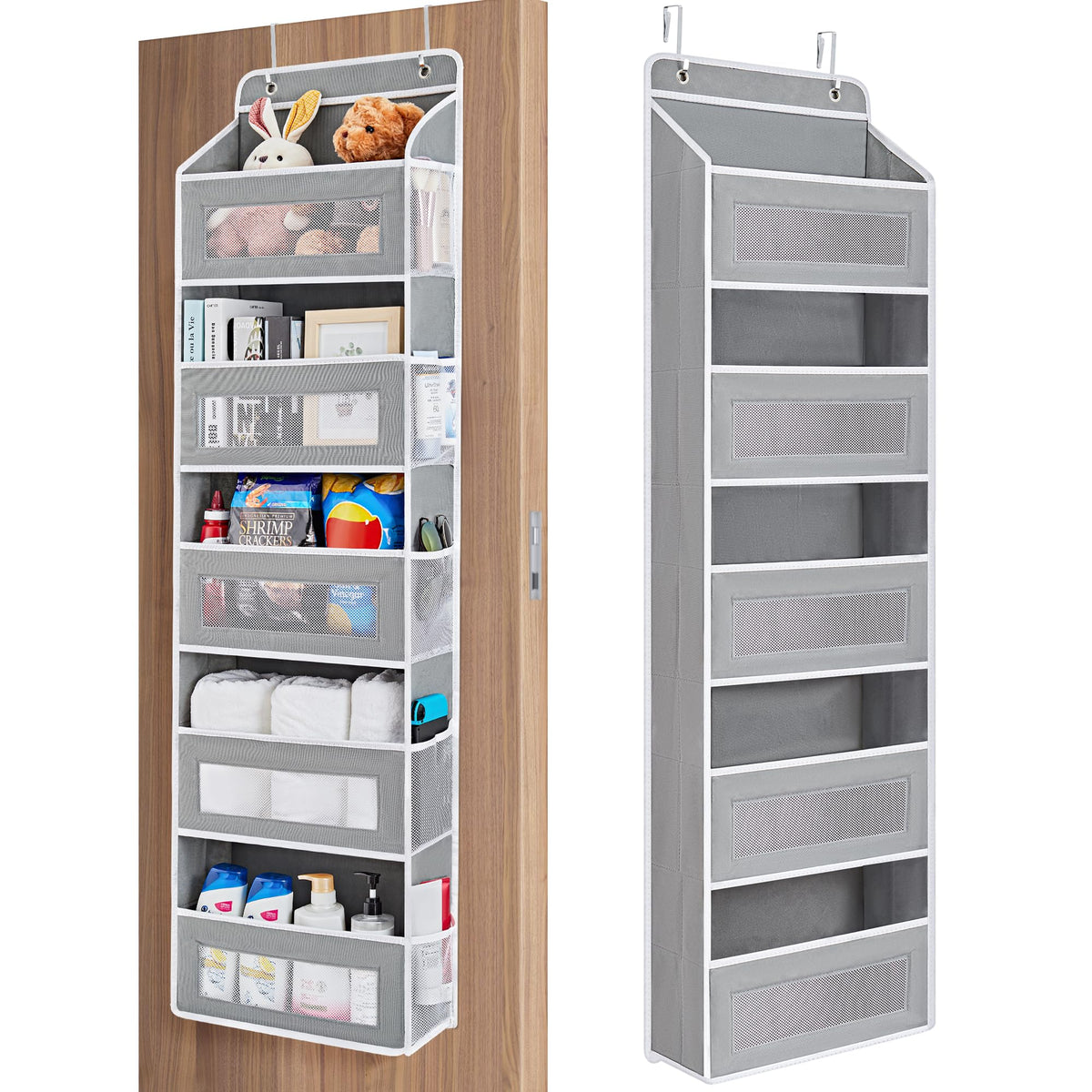 JARLINK gray over-the-door organizer with five pockets for clutter-free storage.