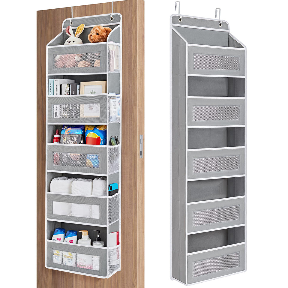 JARLINK gray over-the-door organizer with five pockets for clutter-free storage.