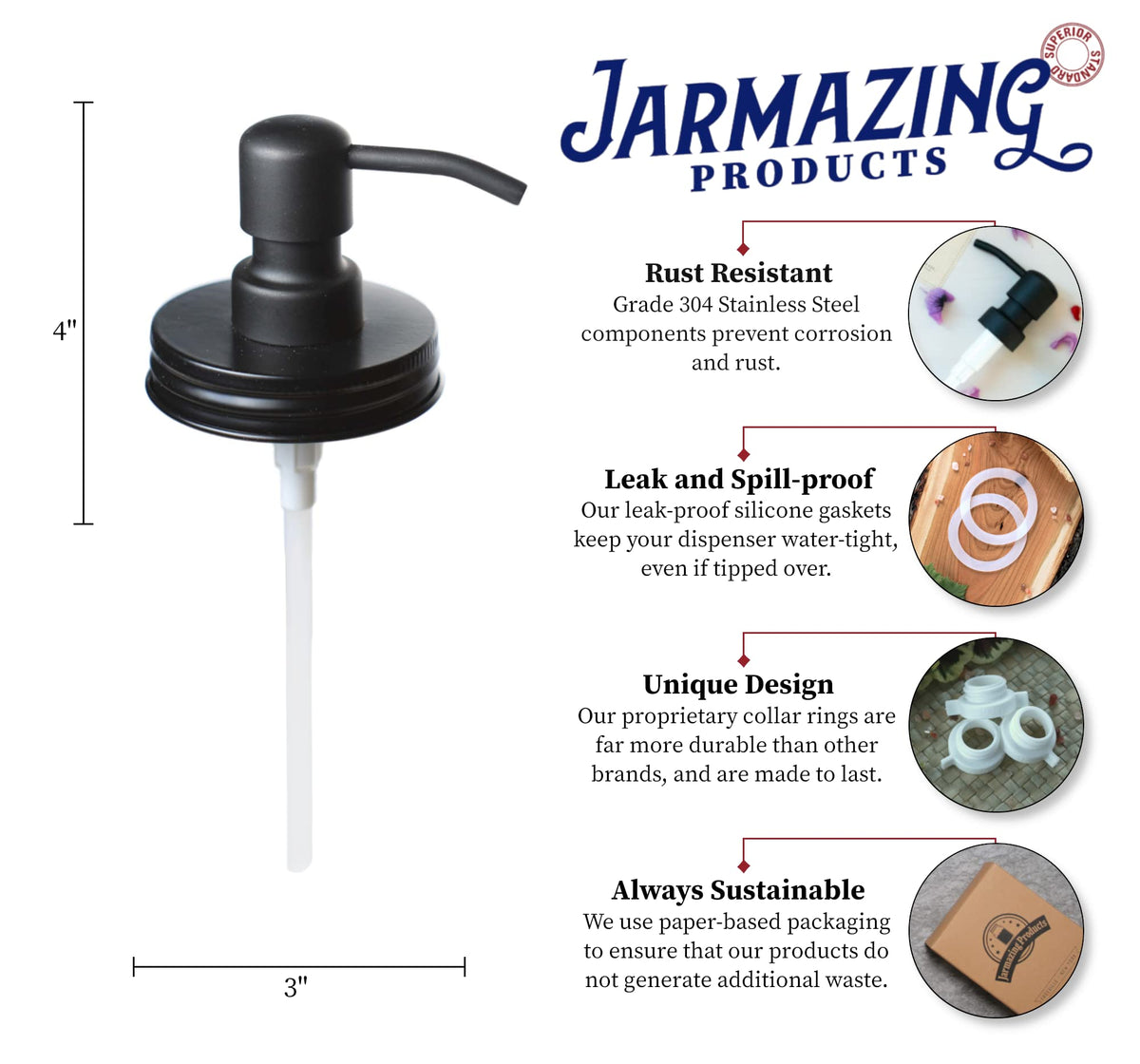 Jarmazing stainless steel pump and lid close-up, highlighting a durable rust-proof design.