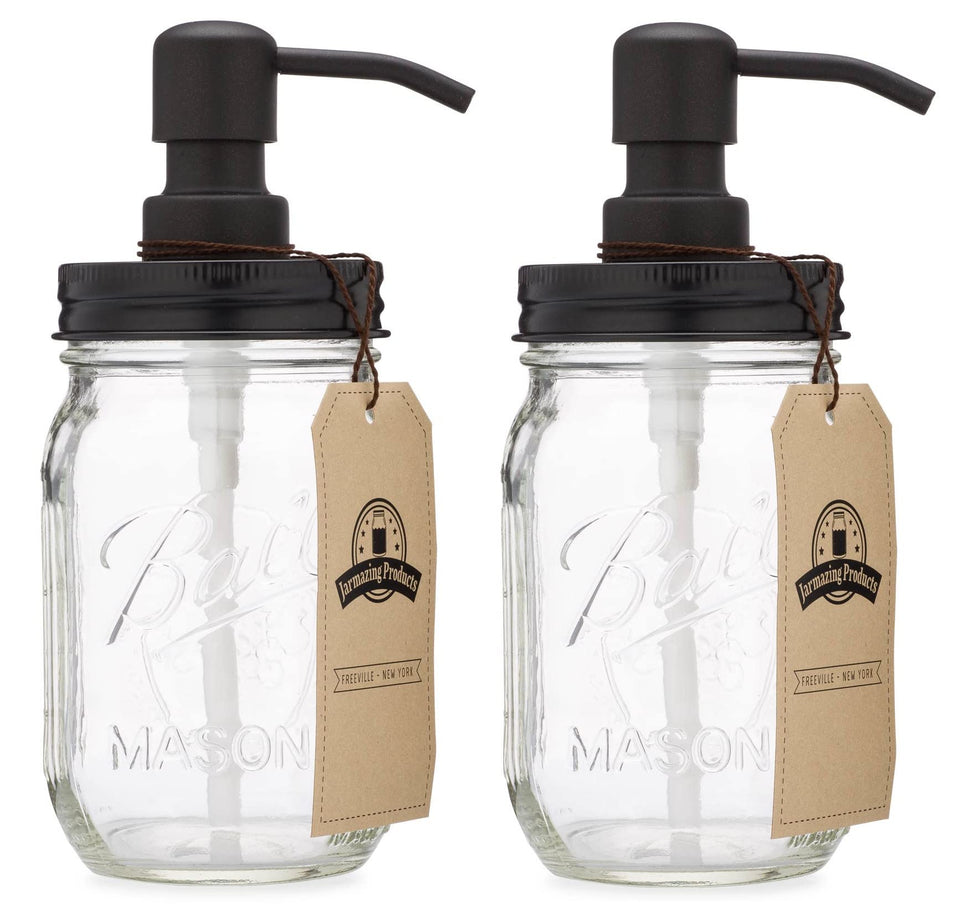Jarmazing Products two-pack mason jar soap dispenser with black finish for kitchen use.