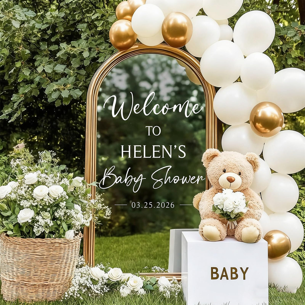 JarThenaAMCS baby shower mirror decal welcome sign with elegant white letters enhances event decor.