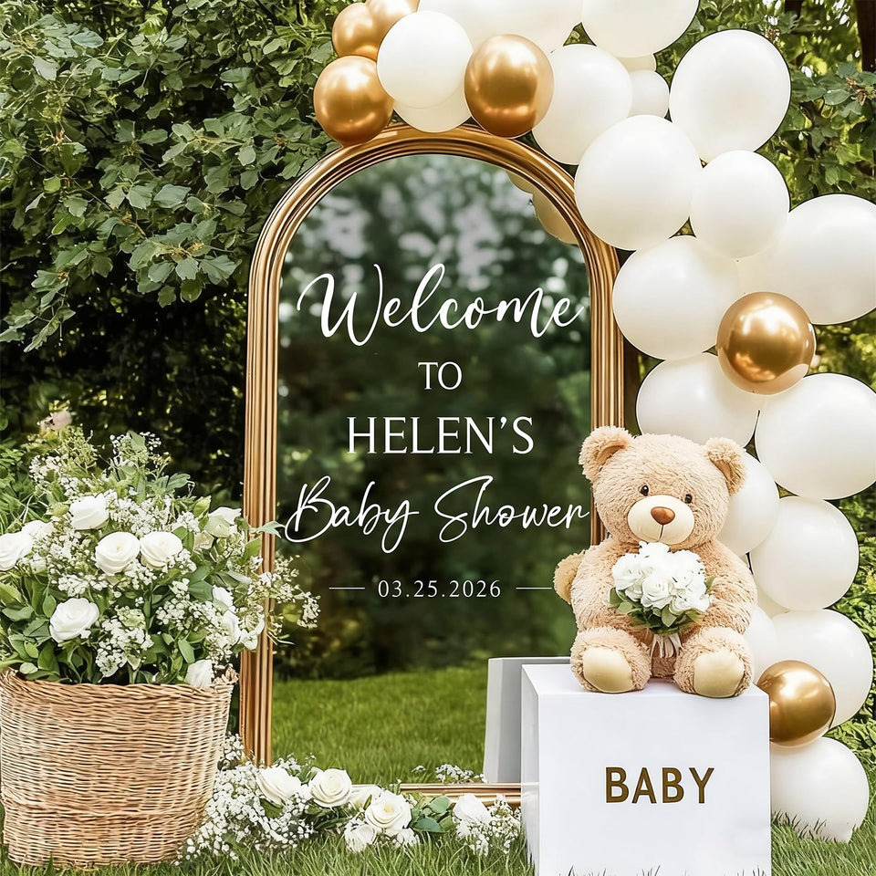 JarThenaAMCS baby shower mirror decal welcome sign with elegant white letters enhances event decor.