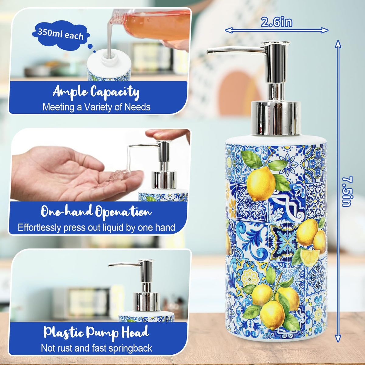 Capri Lemon glass dispenser pump showcasing vibrant lemon pattern for bathrooms