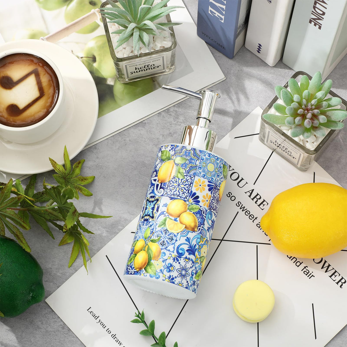 Capri Lemon dispenser close-up reveals clear glass and silver pump