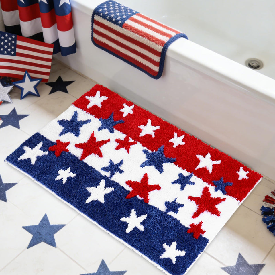 JarThenaAMCS patriotic bathroom rug with red, white, blue stars; festive decor and soft comfort.