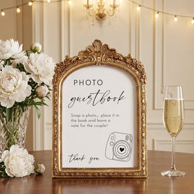 JarThenaAMCS Photo Guestbook Sign in gold frame for elegant wedding keepsakes.