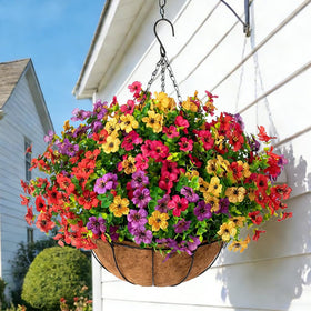 Jasion artificial hanging flower basket for outdoors; UV-resistant silk blooms stay vibrant.