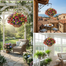 Jasion basket with chain illustrates easy porch or balcony setup.