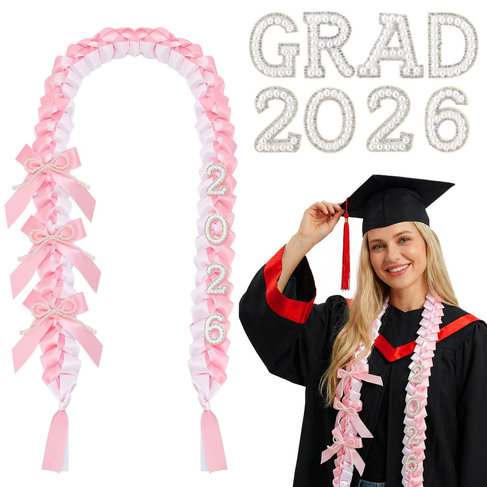 JATEBI Coquette Graduation Lei with pink silk ribbon detail for elegant graduation photos.