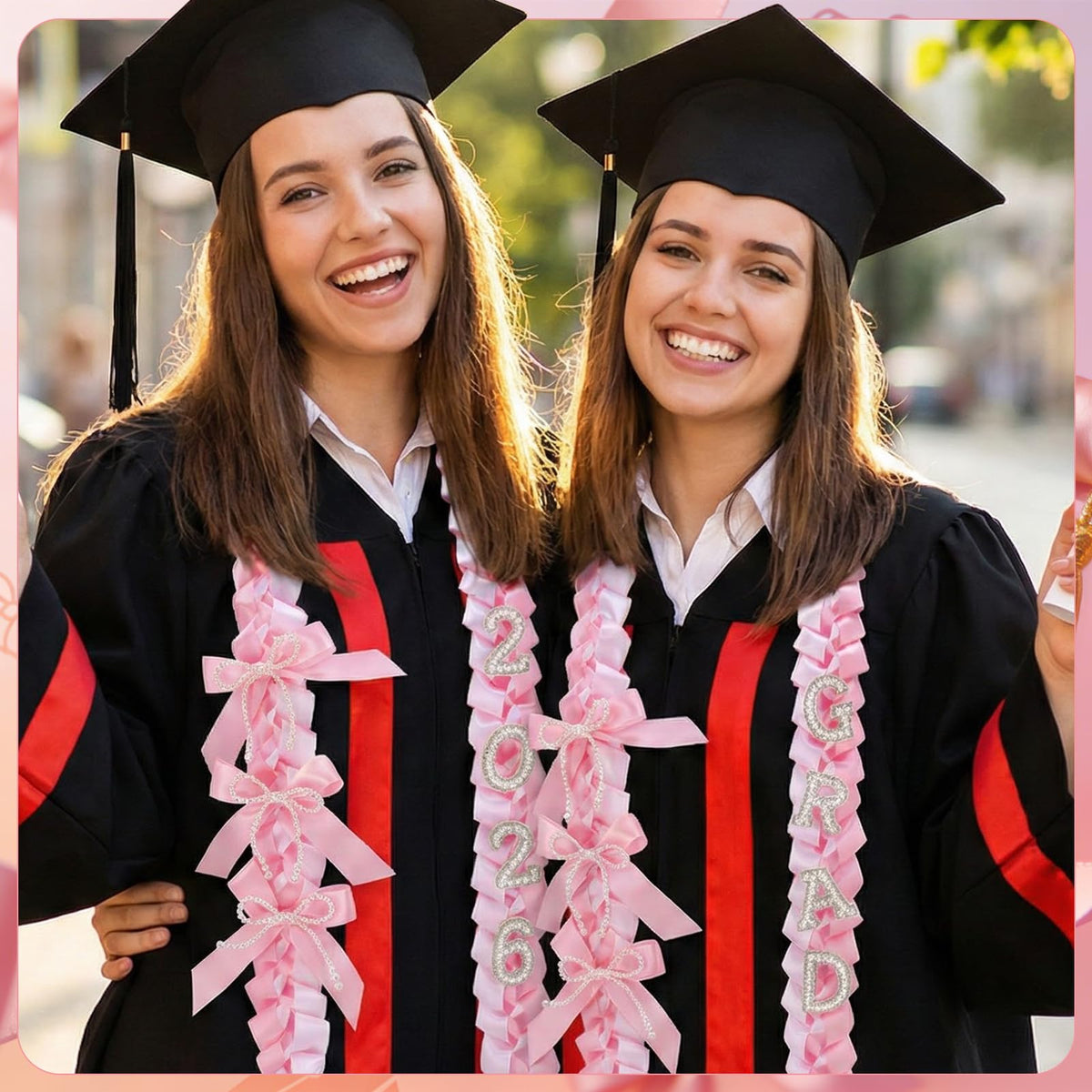 JATEBI soft pink silk texture conveys warm, elegant graduation style.