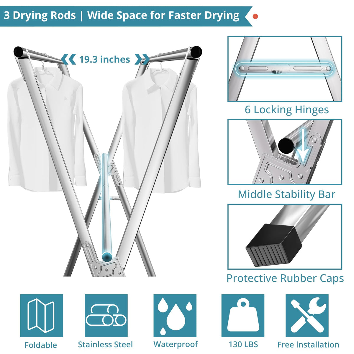 JAUREE retractable rods maximize drying area for shirts, pants, and bedding.